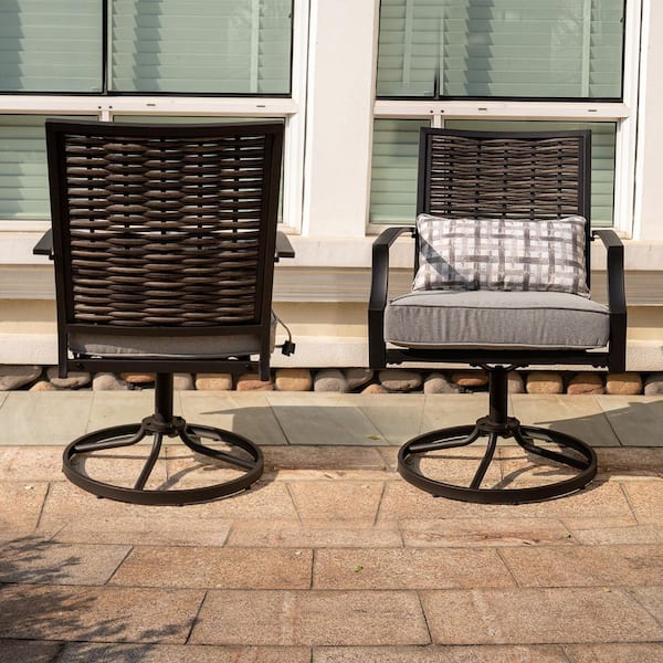 Swivel Metal and Wicker Outdoor Dining Chair with Gray Cushion and Pillows (2-Pack)