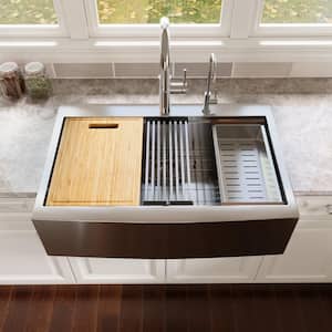 33 in. Rectangular Single Bowl Farmhouse Apron Workstation Kitchen Sink in Silver Grey Stainless Steel with Accessories