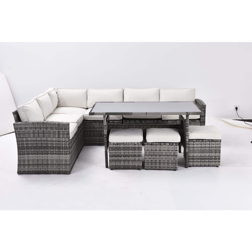 Gray 7-Piece Wicker Outdoor Sectional Sofa Set, Patio Conversation Set with Dining Table, Ottomans and Beige Cushions