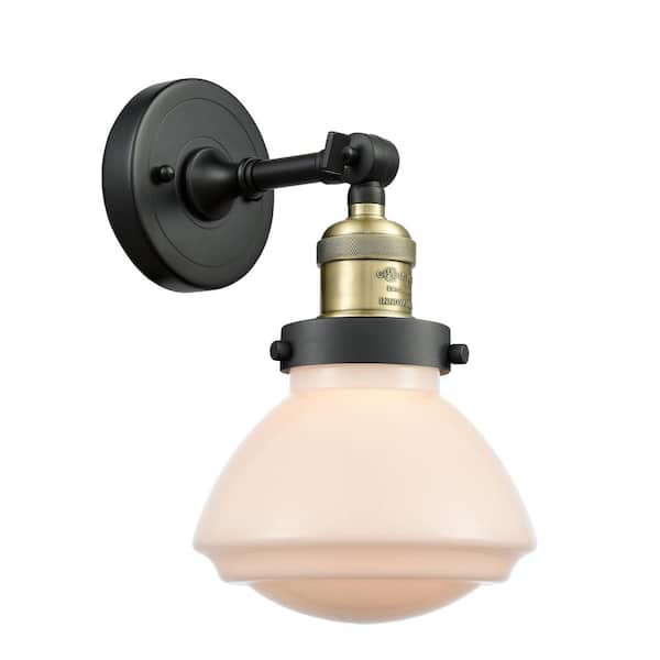 Innovations Olean 1-Light Black Antique Brass, Matte White Wall Sconce with White Glass Shade