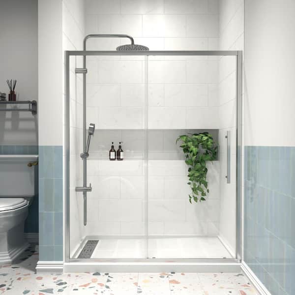 Modern 60 in. W x 72 in. H Sliding Semi-Frameless Shower Door in Chrome Finish with 1/4 in. (6mm) Clear Glass