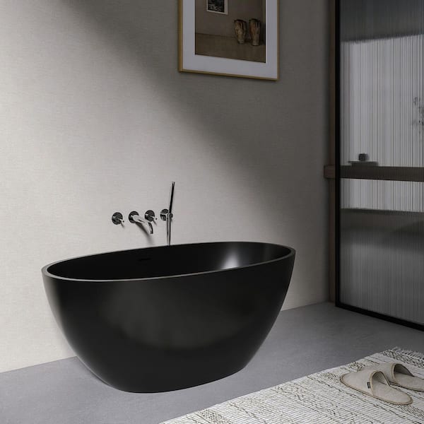 Moray 55 in. x 31 in. Solid Surface Stone Resin Flatbottom Freestanding Bathtub Soaking Bathtub in Matte Black