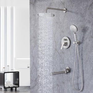 10 in.Shower Head Single-Handle 3-Spray Round High Pressure Shower Faucet, Tub Spout in Brushed Nickel (Valve Included)
