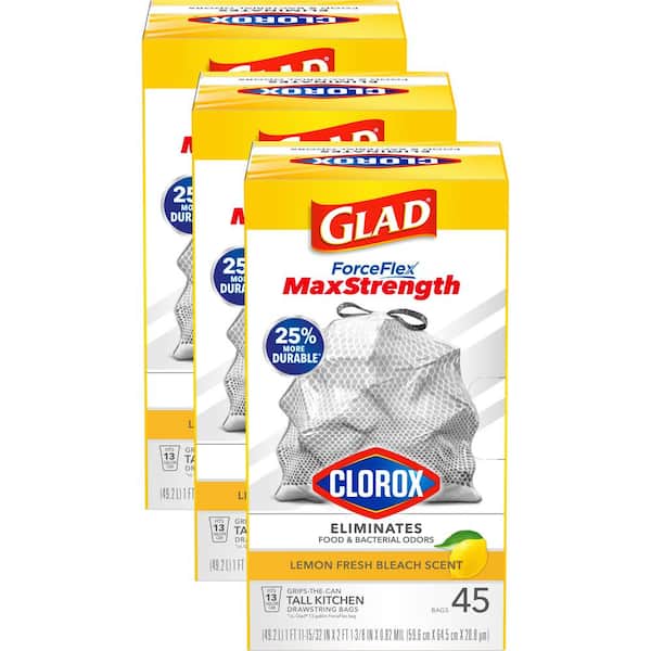 Glad ForceFlex Plus 13 Gal. Lemon Fresh Bleach Scent Grey Kitchen Drawstring Trash Bags with Clorox (45-Count, 3-Pack))