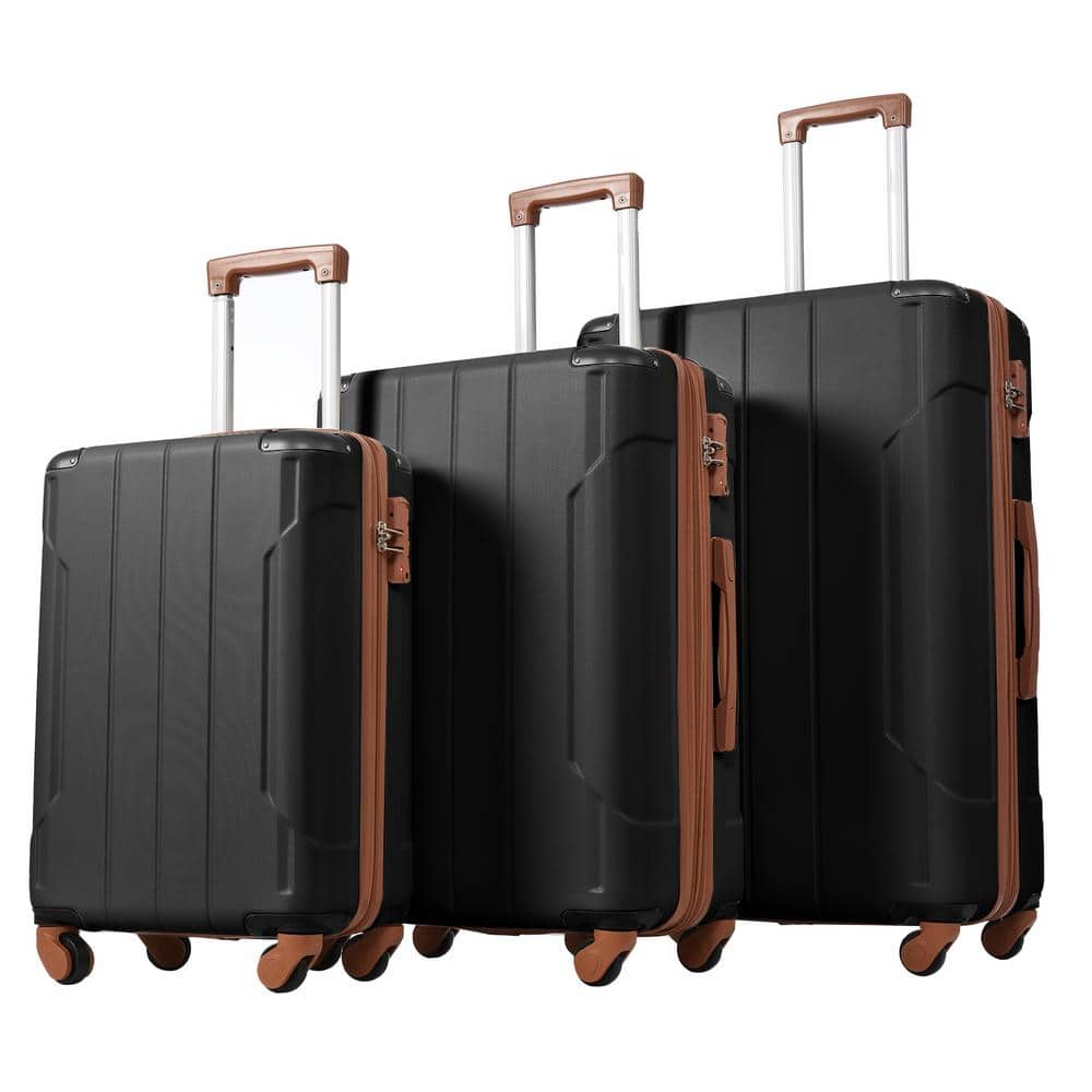 3-Piece Black and Brown Hardshell Spinner Luggage Set with TSA Approved Lock, Lightweight and Telescopic Handle