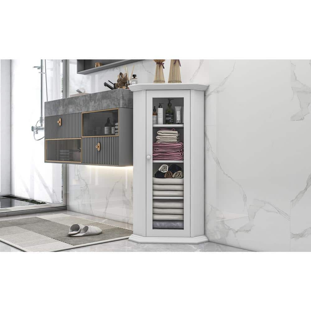 16.5 in. W x 16.5 in. D x 42 in. H White Wood Linen Cabinet with Glass Door