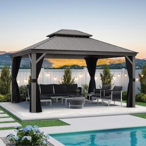 12 ft. x 14 ft. Light Gray Aluminum Power-Coated Frame Galvanized Steel Double Roof Hardtop Gazebo,Hooks Netting Curtain