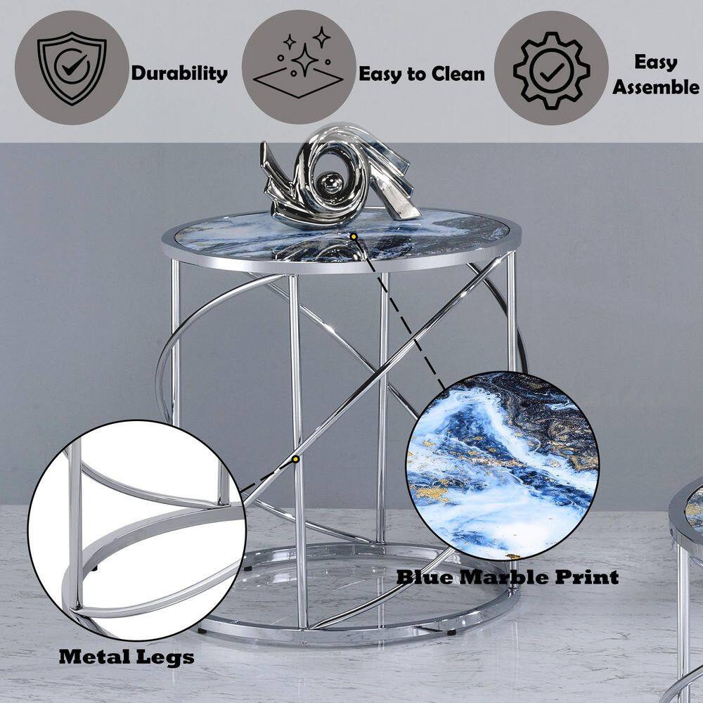 Lyda Round Blue Marble Print and Chrome End Table