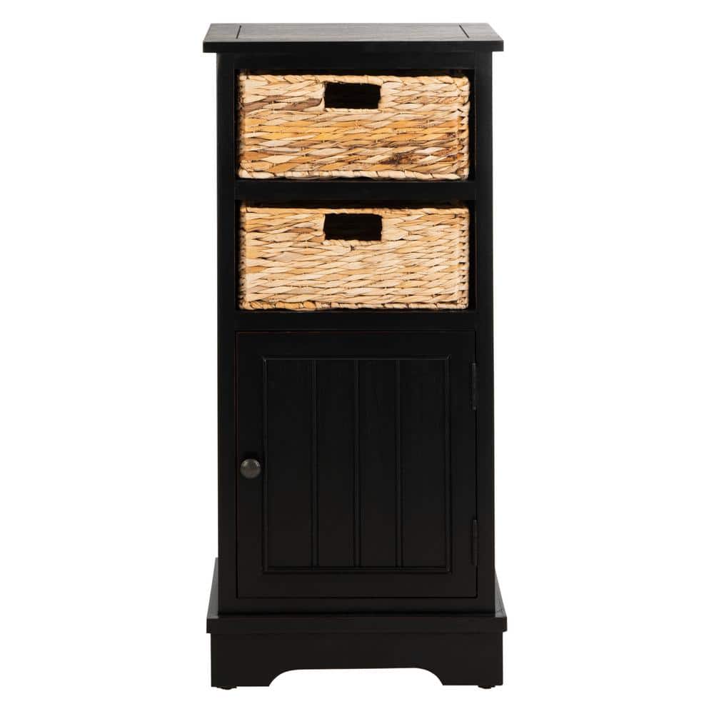 Distressed Black Pine Wood Accent Cabinet with Wicker Baskets