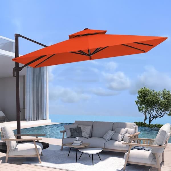 JEAREY 10 ft. x 10 ft. Square Two-Tier Top Rotation Outdoor Cantilever Patio Umbrella with Cover in Orange