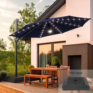 11 Feet LED Patio Cantilever Umbrella With a Base, Aluminum Outdoor Offset Rotation w/Solar Lights, Navy Blue