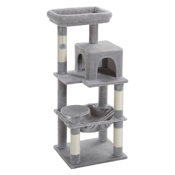 ATENGNES 56.3 in. Grey Plush Sisal Scratcher with 2 Door Condo House Cat Tree
