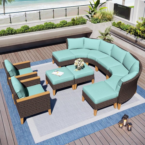 PHI VILLA Brown Rattan Wicker 11 Seat 11-Piece Steel Outdoor Patio Conversation Set with Blue Cushions