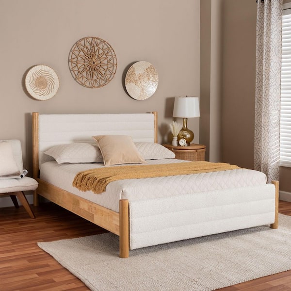 Eilert Cream Boucle and Walnut Brown Wood Frame Queen Platform Bed