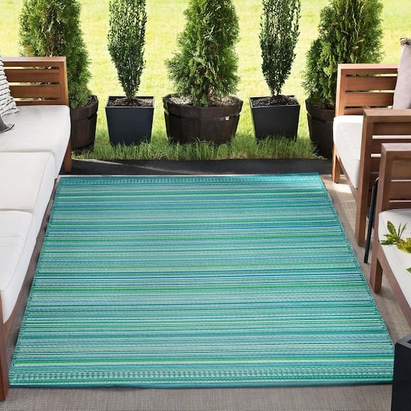 Sunset Stripe Aqua 8 ft. x 10 ft. Indoor/Outdoor Area Rug