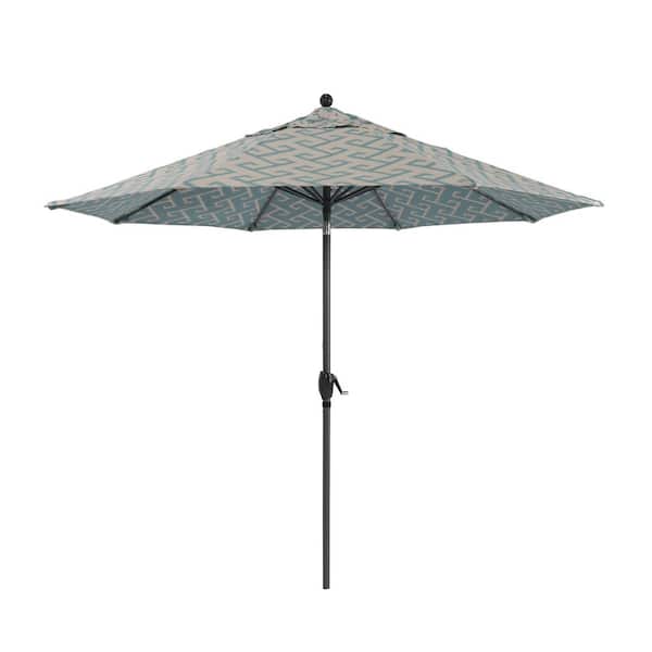 California Umbrella 9 ft. Black Aluminum Market Patio Umbrella with Push Tilt Crank Lift in Greco Calypso Sunbrella