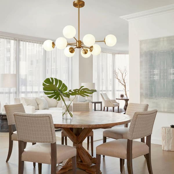 Ceder 8-Light 35.4 in. W Pure Brass Chandelier Mid-Century Sputnik Dining Room Chandelier with Frosted Opal Glass Globe