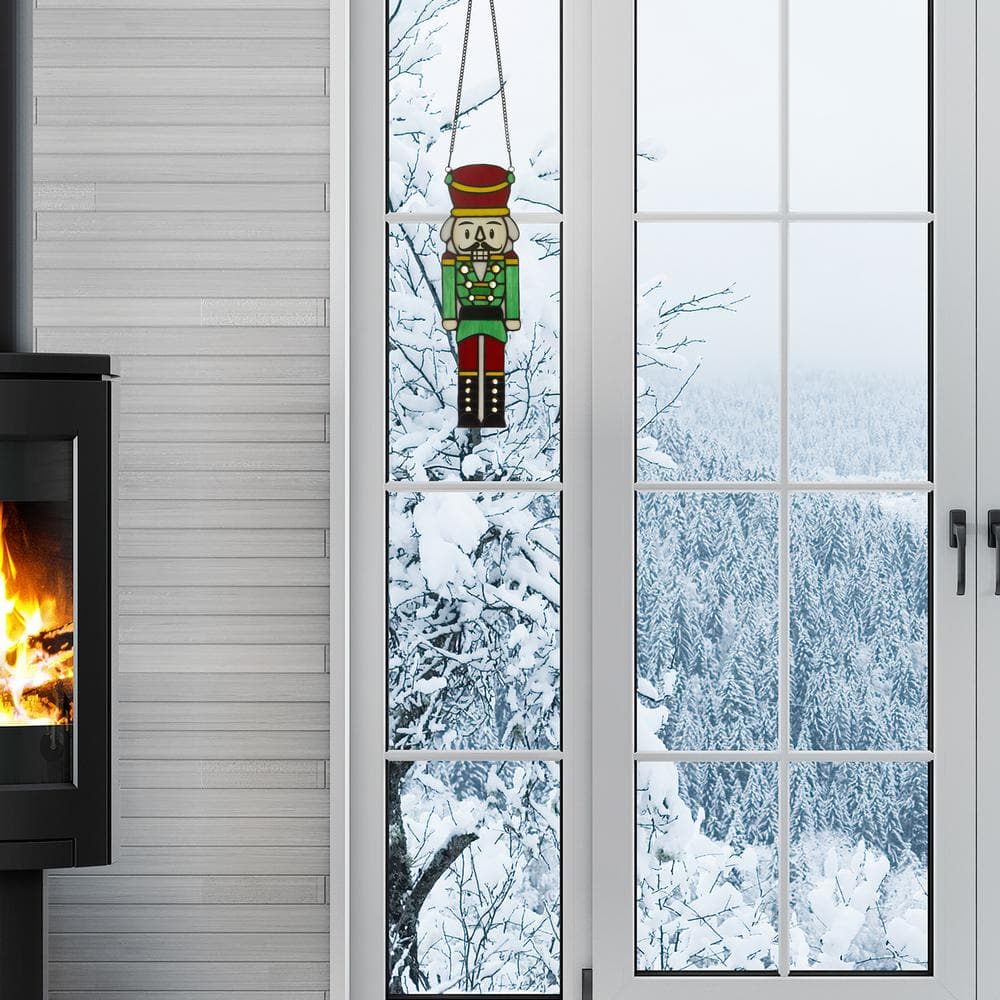 14" Red and Green Stained Glass Nutcracker Window Panel