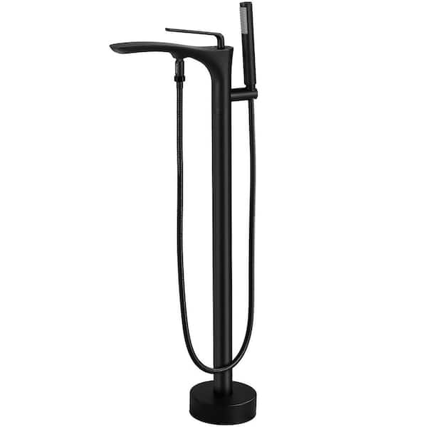 1-Handle Floor Mount Freestanding Tub Faucet Bathtub Filler with Hand Shower in Matte Black