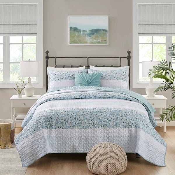 Evian Aqua Polyester Full/Queen Seersucker Quilt Set