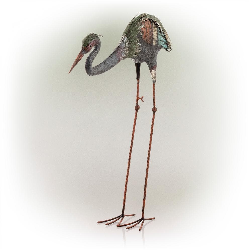 30" Multicolor Rustic Metal Crane Garden Statue