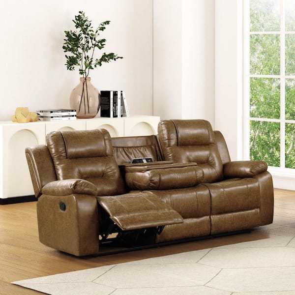 Furniture of America Salisbur 81.5 in. Rectangle Pillow Top Arms Faux Leather Reclining Sofa in Brown With Drop Down Console and Power Ports