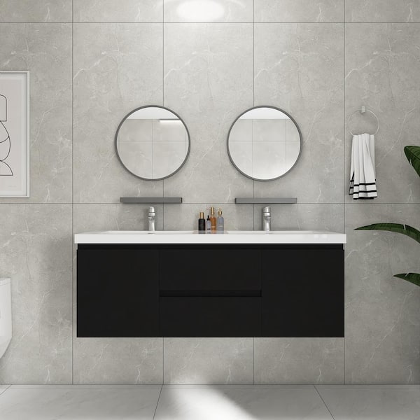 Staykiwi 59 in. W x 19.7 in. D x 22.5 in. H Double Sinks Wall Mounted Bath Vanity in Matte Black with White Cultured Marble Top
