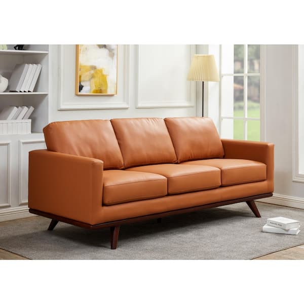 Chester 83 in. Square Arm Leather 3-Seater Chair Rectangle Couch with Removable Cushions Sofa in Cognac Tan