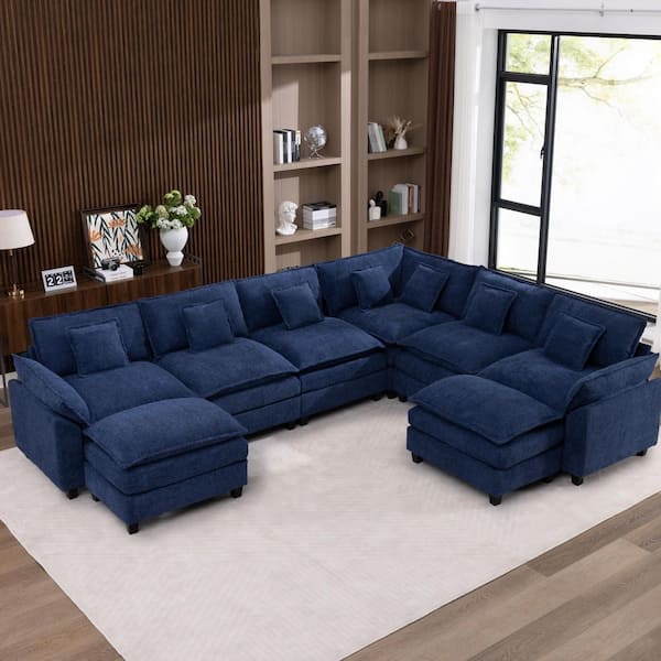 135.42 in. Wide Navy Large U-Shaped Modular Cloud Sectional Sofa With Two Detachable Ottomans, Breathable boucle Fabric