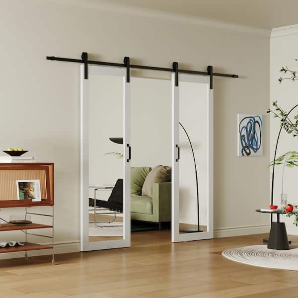 60 in. x 84 in. Full Lite Mirrored Glass White PVC Covering MDF Barn Door Slab with Full Hardware Kit Set Pre-Drilled