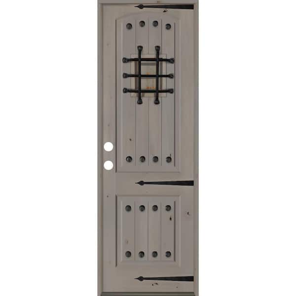 Krosswood Doors 30 in. x 96 in. Mediterranean Knotty Alder Arch Top 2 Panel Right-Hand/Inswing Grey Stain Wood Prehung Front Door