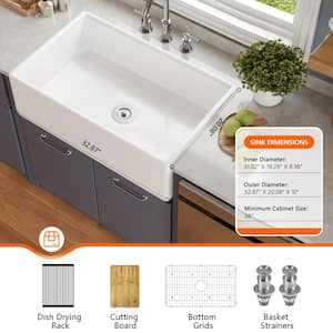 33 in. Fireclay Single Bowl Farmhouse Apron Undermount Workstation Kitchen Sink in White with Accessories