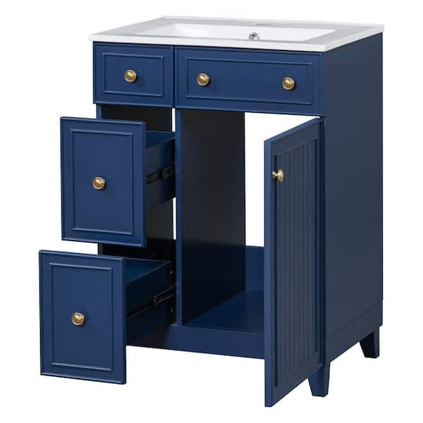 24 in. W Single Sink Freestanding Bath Vanity in Blue with White Ceramic Top and 2 Drawers
