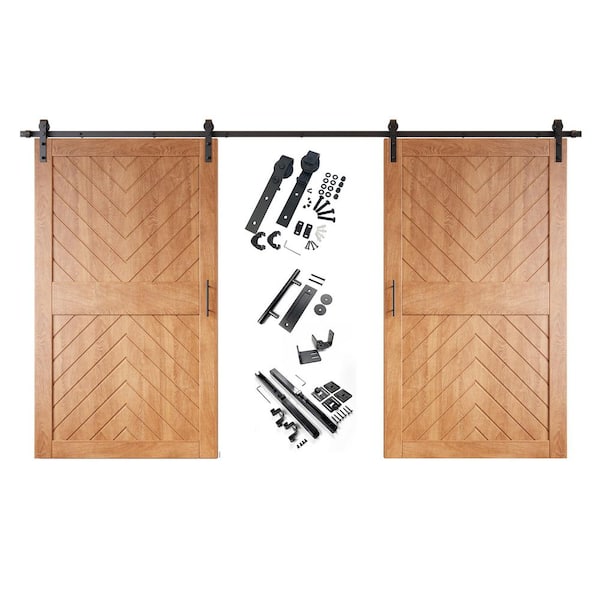 JT4 48 in. x 84 in. C-Panel Early American Fishbone Design Double Pine Wood Sliding Barn Door with Hardware Kit