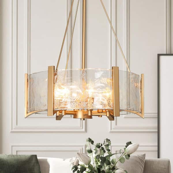 Glacera 6-Light Chandelier Light, 19.7 in. Modern Gold Drum Light Chandelier for Living Room with Open Textured Glass
