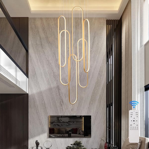 Modern LED Chandelier 6 Ring Dimmable Gold High Ceiling Chandeliers with Remote Control for Foyer Entryway Staircase