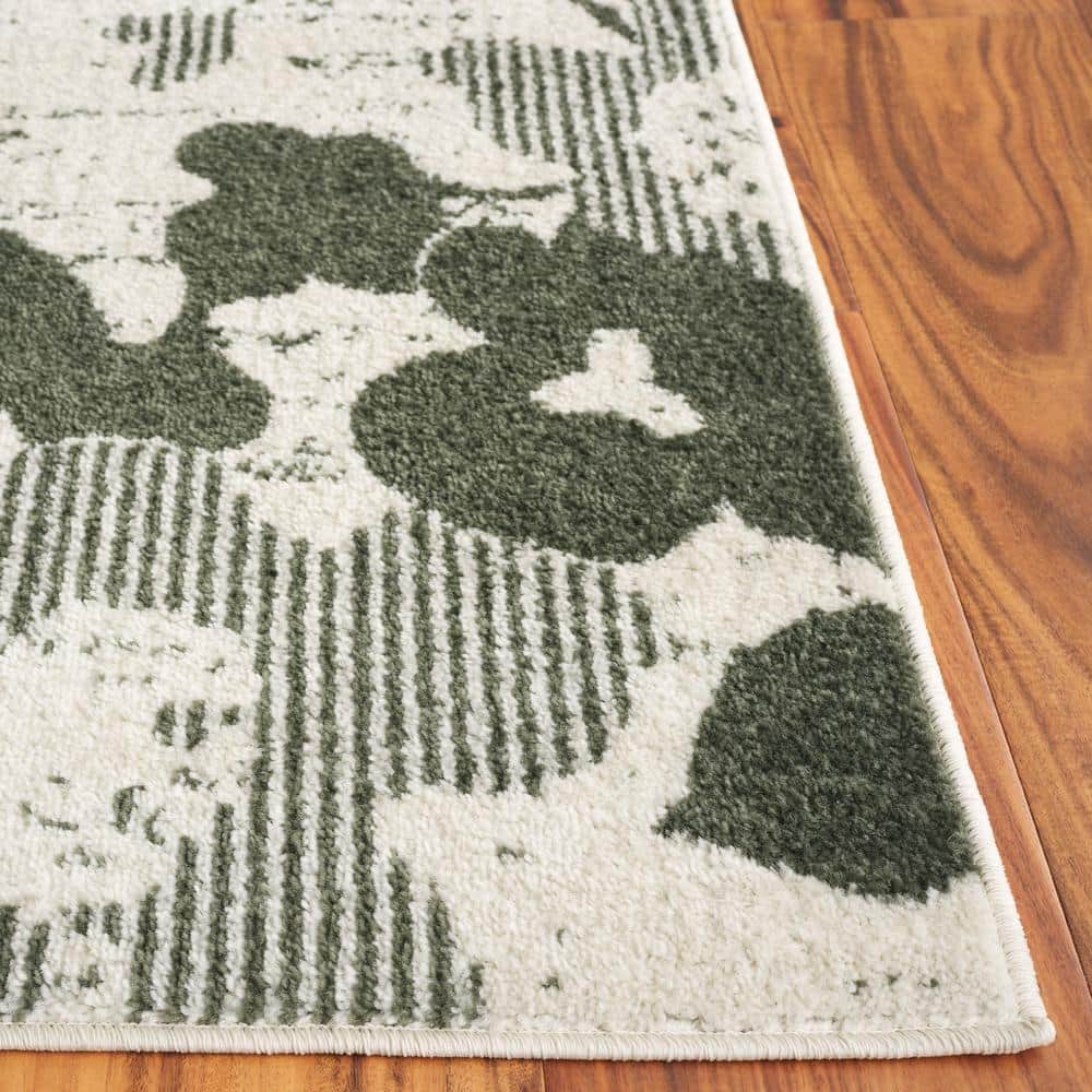 Ivory and Dark Green Floral Square Area Rug, 6' x 6'