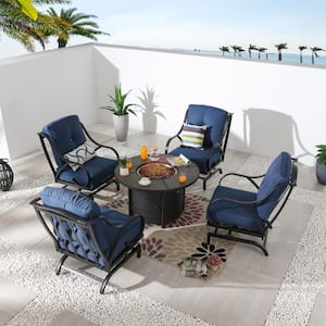 5-Piece Metal Patio Fire Pit Seating Set with Blue Cushions