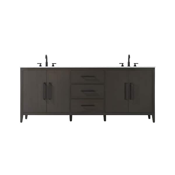 84 in. Double Sink Mocha Brown Bath Vanity with White Engineered Marble Top