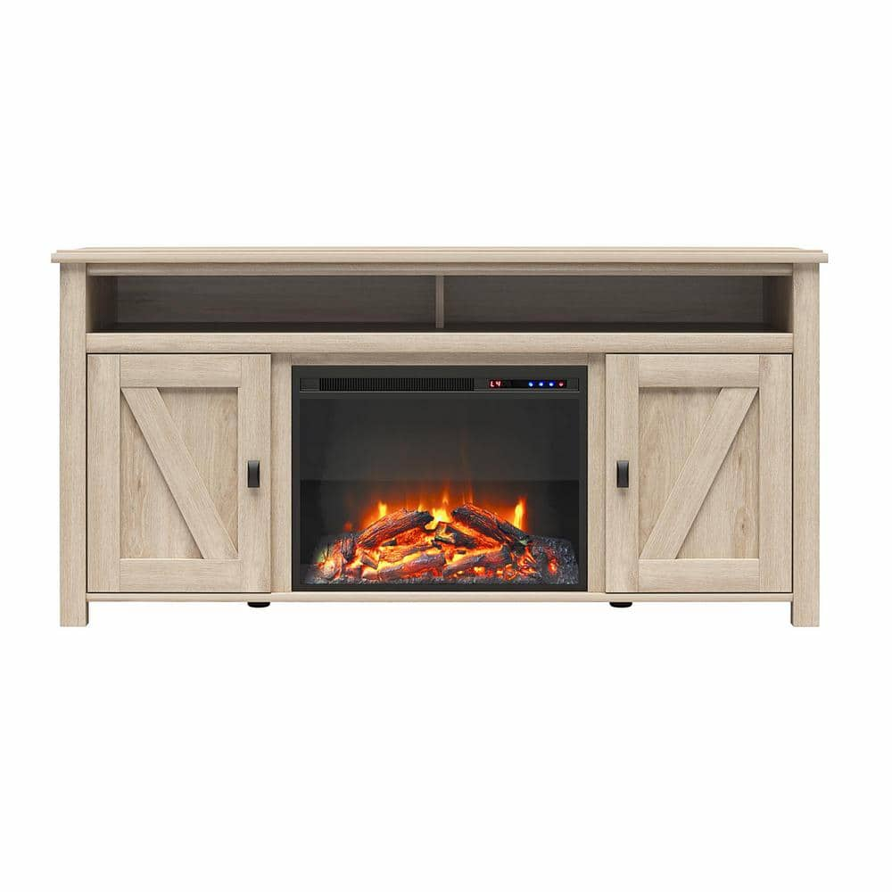 60 in. Brownwood Free Standing Electric Fireplace TV Console for TVs Up to in Light Oak -  Ameriwood Home, DE81604