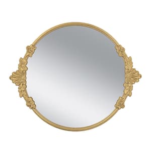 19 in D Gold Metal Round Mirrored Tray 1 PC with Intricate Floral Accents for Home and Office Table Centerpieces