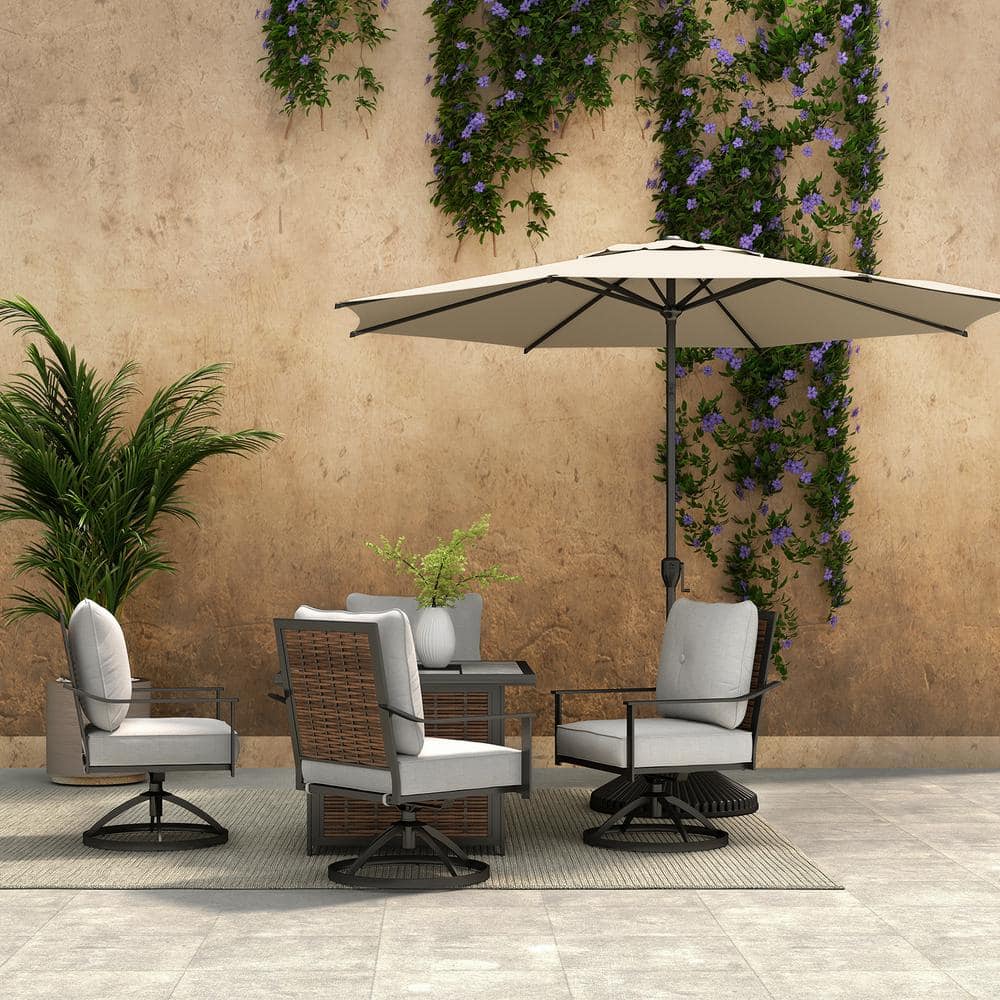 Beige Hexagonal Steel Pole Patio Umbrella with Crank Lift