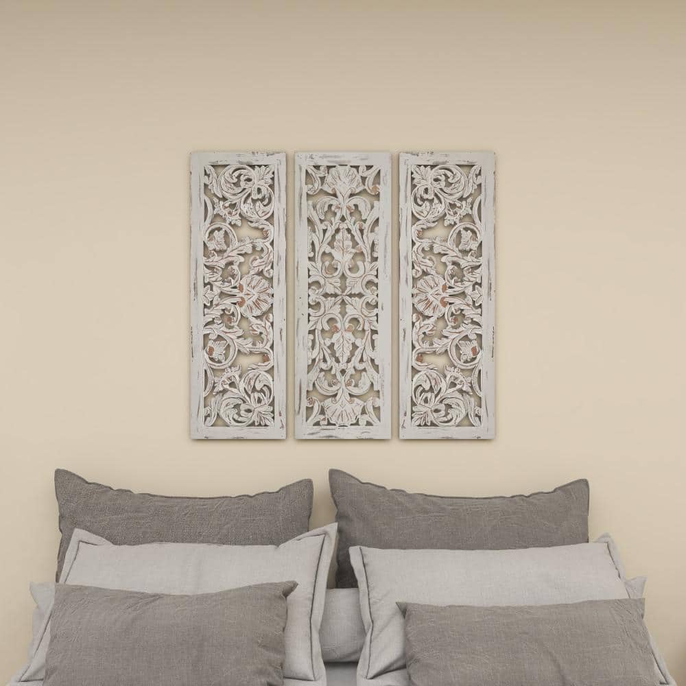 White Distressed Wood Carved Floral Wall Panels Set of 3