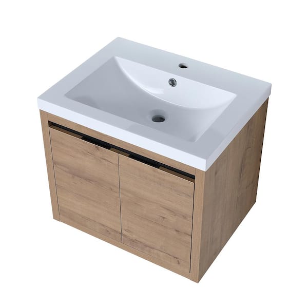 Maincraft Wall-Mounted 23.6 in. W x 18.1 in. D x 20.5 in. H. Bath Vanity in Oak with White solid Surface Top with White Basin