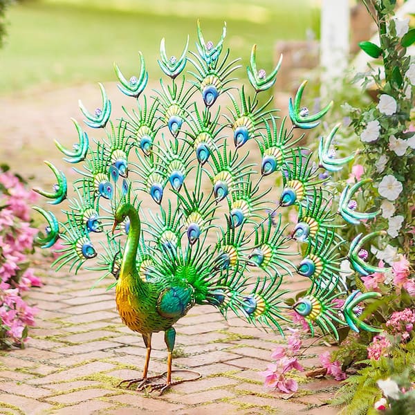 Evergreen Multi-Color Metal Standing Peacock Garden Statue