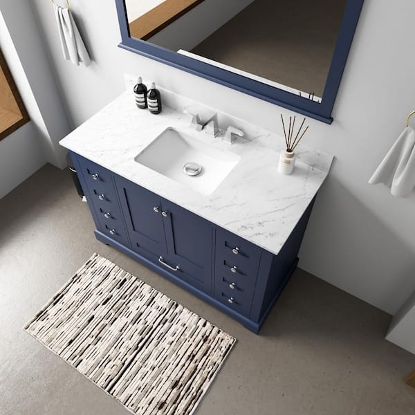 Dukes 48 in. W x 22 in. D Navy Blue Single Bath Vanity, Carrara Marble Top, Faucet Set, and 46 in. Mirror