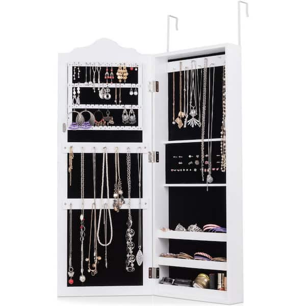 Costway White Mdf Jewelry Cabinet Storage Organizer Wall Mounted With Mirror Cyw503486 Costway White Mdf Jewelry Cabinet, Jewelry Armoire Wall Mounted