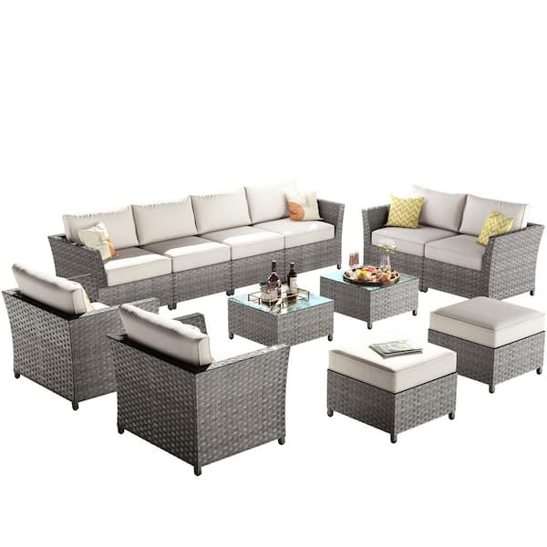 Jasmine 12-Piece Wicker Outdoor Sectional Set with Beige Cushions