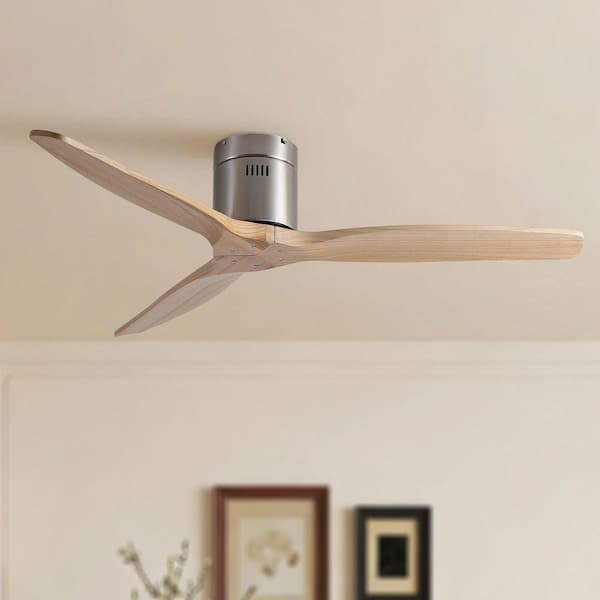 52 in. W Indoor Nicke Flush Mount Standard Wood Ceiling Fan with Remote Control, no Light