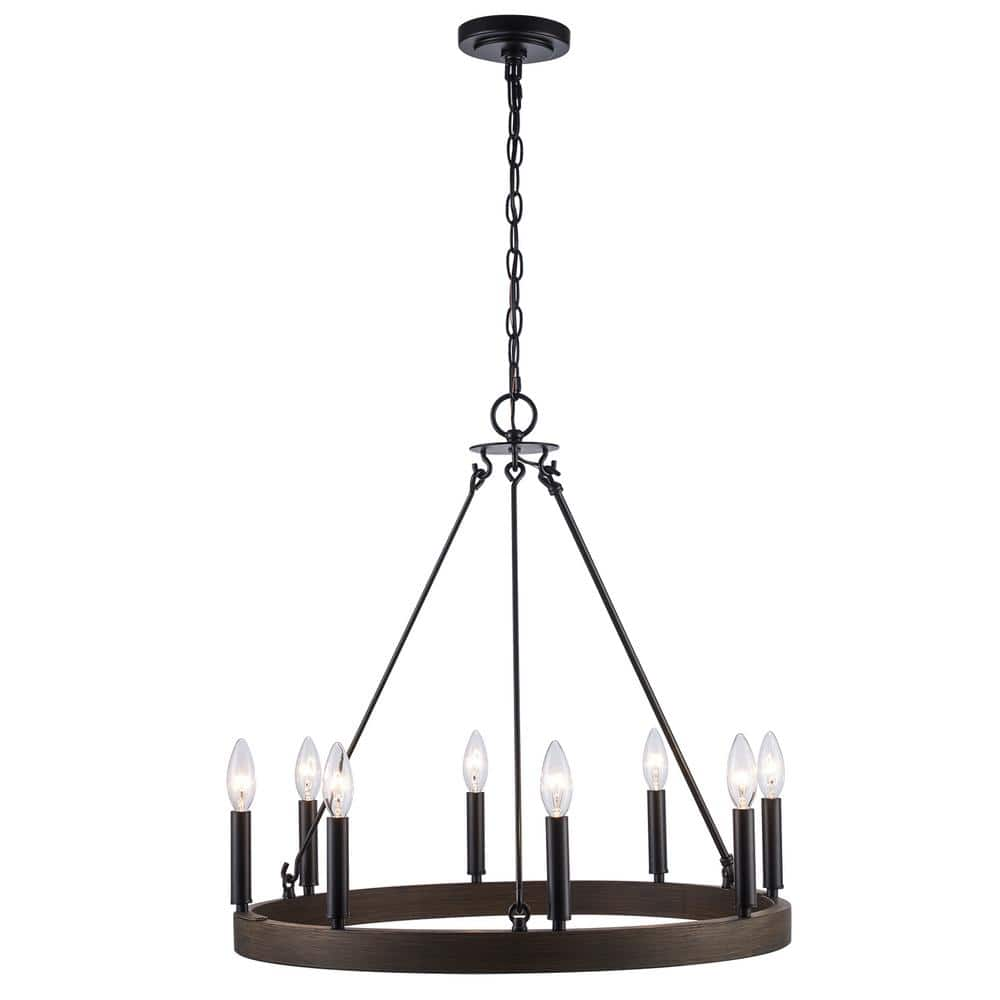 Monteaux Lighting 8-Light Black and Faux Wood Wagon Wheel Chandelier Light Fixture